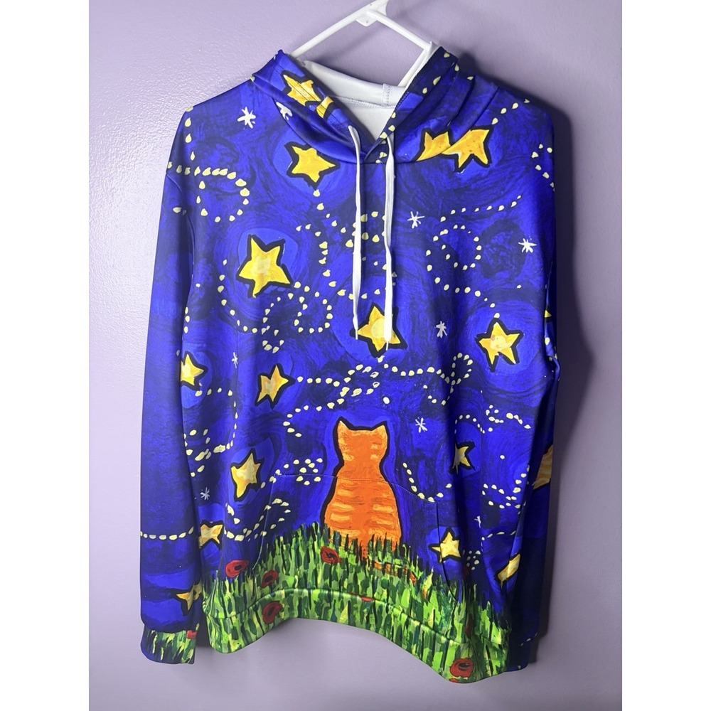 Art Cat Starry Night Hoodie Large All Over Print‎ Galaxy Pullover Sweatshirt